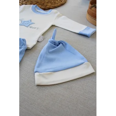 3-6 6-9 9-12 Ay Full Star Nakışlı Şapkalı Uzun Kollu Sweat 3lü Erkek Bebek Takımı