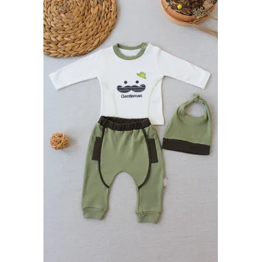 3-6 6-9 9-12 Ay Gentleman Erkek Nakışlı Şapkalı Uzun Kollu Sweat 3lü Erkek Bebek Takımı