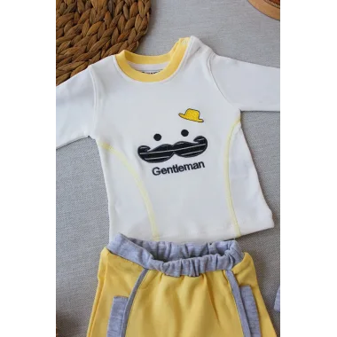3-6 6-9 9-12 Ay Gentleman Erkek Nakışlı Şapkalı Uzun Kollu Sweat 3lü Erkek Bebek Takımı