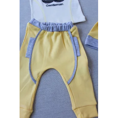 3-6 6-9 9-12 Ay Gentleman Erkek Nakışlı Şapkalı Uzun Kollu Sweat 3lü Erkek Bebek Takımı