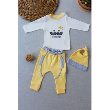 3-6 6-9 9-12 Ay Gentleman Erkek Nakışlı Şapkalı Uzun Kollu Sweat 3lü Erkek Bebek Takımı