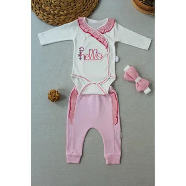 3-6 6-9 9-12 Ay Hello Nakışlı Kruvaze Bandanalı Uzun Kollu Zıbınlı 3lü Kız Bebek Takımı
