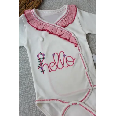 3-6 6-9 9-12 Ay Hello Nakışlı Kruvaze Bandanalı Uzun Kollu Zıbınlı 3lü Kız Bebek Takımı