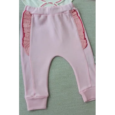 3-6 6-9 9-12 Ay Hello Nakışlı Kruvaze Bandanalı Uzun Kollu Zıbınlı 3lü Kız Bebek Takımı