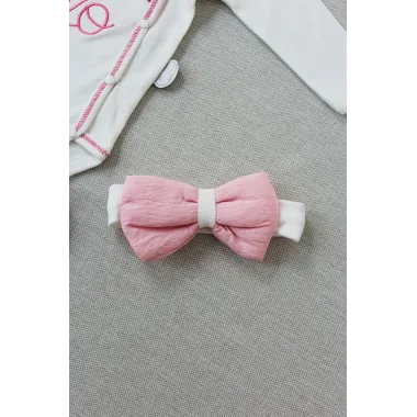 3-6 6-9 9-12 Ay Hello Nakışlı Kruvaze Bandanalı Uzun Kollu Zıbınlı 3lü Kız Bebek Takımı