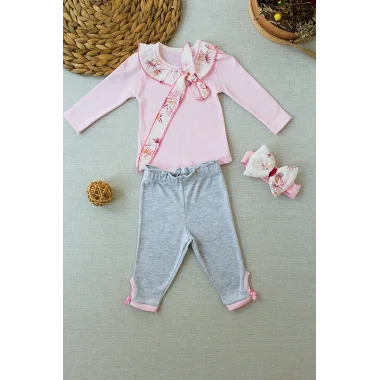 3-6 6-9 9-12 Ay Matmazel Yaka Fırfır Detaylı Bandanalı Uzun Kollu Sweat 3lü Kız Bebek Takımı