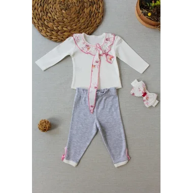 3-6 6-9 9-12 Ay Matmazel Yaka Fırfır Detaylı Bandanalı Uzun Kollu Sweat 3lü Kız Bebek Takımı