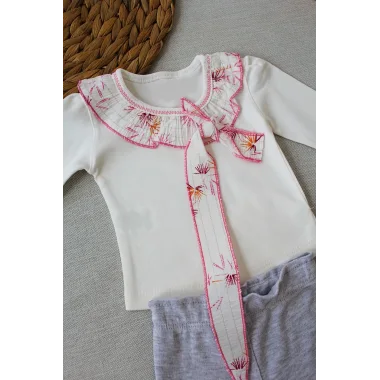 3-6 6-9 9-12 Ay Matmazel Yaka Fırfır Detaylı Bandanalı Uzun Kollu Sweat 3lü Kız Bebek Takımı