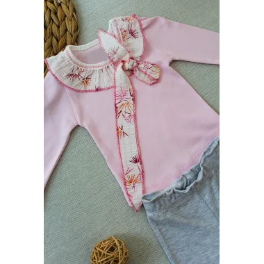 3-6 6-9 9-12 Ay Matmazel Yaka Fırfır Detaylı Bandanalı Uzun Kollu Sweat 3lü Kız Bebek Takımı