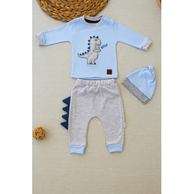 3-6 6-9 9-12 Ay Minik Dino Nakışlı Şapkalı Uzun Kollu Sweat 3lü Kız-erkek Bebek Takımı