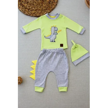 3-6 6-9 9-12 Ay Minik Dino Nakışlı Şapkalı Uzun Kollu Sweat 3lü Kız-erkek Bebek Takımı