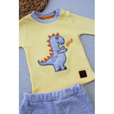 3-6 6-9 9-12 Ay Minik Dino Nakışlı Şapkalı Uzun Kollu Sweat 3lü Kız-erkek Bebek Takımı