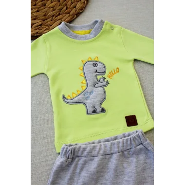 3-6 6-9 9-12 Ay Minik Dino Nakışlı Şapkalı Uzun Kollu Sweat 3lü Kız-erkek Bebek Takımı