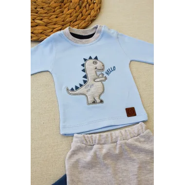 3-6 6-9 9-12 Ay Minik Dino Nakışlı Şapkalı Uzun Kollu Sweat 3lü Kız-erkek Bebek Takımı