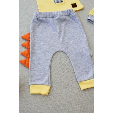 3-6 6-9 9-12 Ay Minik Dino Nakışlı Şapkalı Uzun Kollu Sweat 3lü Kız-erkek Bebek Takımı