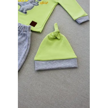 3-6 6-9 9-12 Ay Minik Dino Nakışlı Şapkalı Uzun Kollu Sweat 3lü Kız-erkek Bebek Takımı