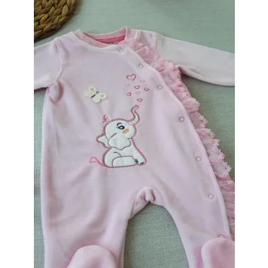 3-6 6-9 9-12 Ay Romantik Fil Nakışlı Pembe Süslü Kız Bebek Tulumu