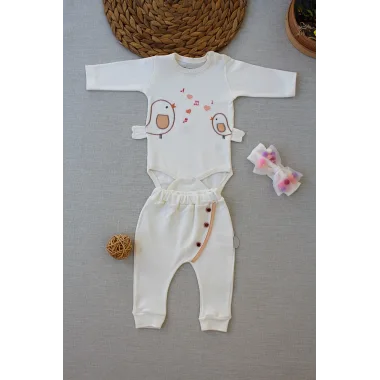 3-6 6-9 9-12 Ay Şarkıcı Kuşlar Nakışlı Bandanalı Uzun Kollu Zıbınlı 3lü Kız Bebek Takımı