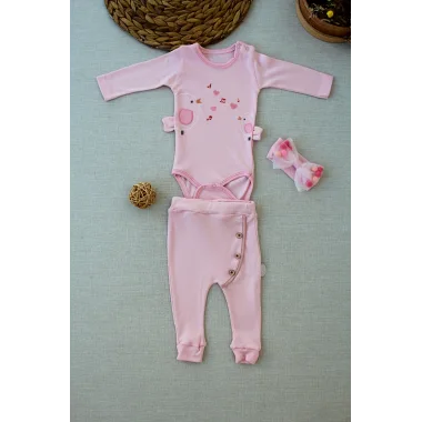 3-6 6-9 9-12 Ay Şarkıcı Kuşlar Nakışlı Bandanalı Uzun Kollu Zıbınlı 3lü Kız Bebek Takımı