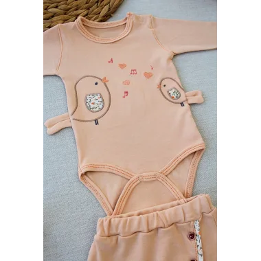 3-6 6-9 9-12 Ay Şarkıcı Kuşlar Nakışlı Bandanalı Uzun Kollu Zıbınlı 3lü Kız Bebek Takımı