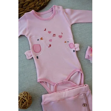 3-6 6-9 9-12 Ay Şarkıcı Kuşlar Nakışlı Bandanalı Uzun Kollu Zıbınlı 3lü Kız Bebek Takımı