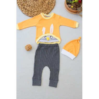 3-6 6-9 9-12 Ay Şımarık Tavşan Nakışlı Şapkalı Uzun Kollu Sweat 3lü Kız-erkek Bebek Takımı