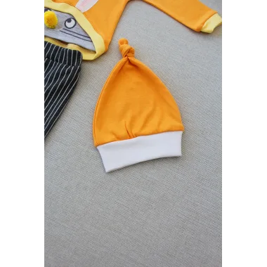 3-6 6-9 9-12 Ay Şımarık Tavşan Nakışlı Şapkalı Uzun Kollu Sweat 3lü Kız-erkek Bebek Takımı