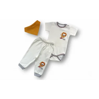 3-6 6-9 9-12 Ay Yavru Aslan Nakışlı Bandajlı Kısa Kollu Zıbınlı 3lü Erkek Bebek Takımı