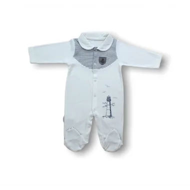3-6 6-9 Ay Deniz Feneri Nakışlı Patikli Uzun Kollu Erkek Bebek Tulumu