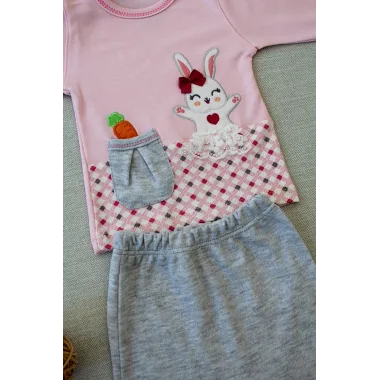 3-6 9-12 12-18 Ay Havuç Tavşan Nakışlı Bandanalı Cepli Uzun Kollu Sweatli 3lü Kız Bebek Tak