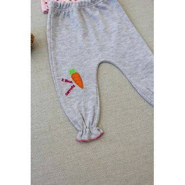 3-6 9-12 12-18 Ay Havuç Tavşan Nakışlı Bandanalı Cepli Uzun Kollu Sweatli 3lü Kız Bebek Tak