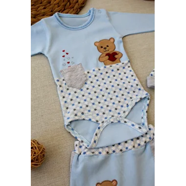 3-6 9-12 12-18 Ay Romantik Ayıcık Nakışlı Şapkalı Uzun Kollu Zıbınlı 3lü Kız-erkek Bebek Takımı