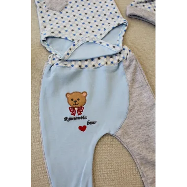 3-6 9-12 12-18 Ay Romantik Ayıcık Nakışlı Şapkalı Uzun Kollu Zıbınlı 3lü Kız-erkek Bebek Takımı