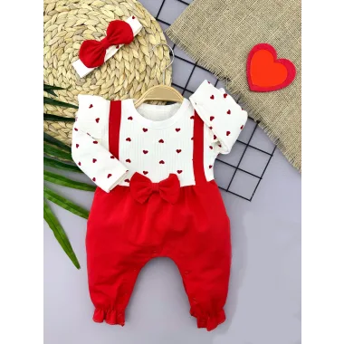 3-6-9-12 Ay Bandanalı Fiyonk Detaylı Salopet Görünümlü 2li Kız Bebek Tulumu