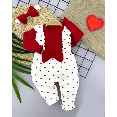 3-6-9-12 Ay Bandanalı Fiyonk Detaylı Salopet Görünümlü Kalp Desenli 2li Kız Bebek Tulumu
