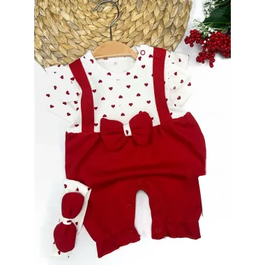 3-6-9-12 Ay Bandanalı Piti Kalp Baskılı Salopet Görünümlü 2li Kız Bebek Takımı