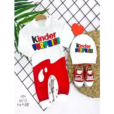 3-6-9-12 Ay Kinder Surprise Baskılı Çıtçıt Kapamalı Şapkalı 2li Kız Erkek Bebek Tulumu