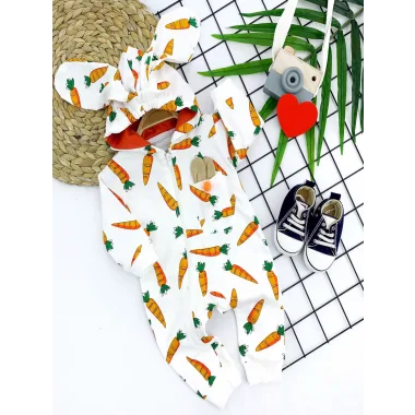 3-6-9-12 Ay Kulaklı Kapşonlu Havuç Baskılı Uzun Kollu Kız Erkek Bebek Tulumu