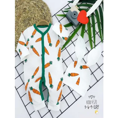 3-6-9-12 Ay Kulaklı Şapkalı Havuç Baskılı Boydan Çıtçıtlı Uzun Kollu Kız Erkek Bebek Tulumu