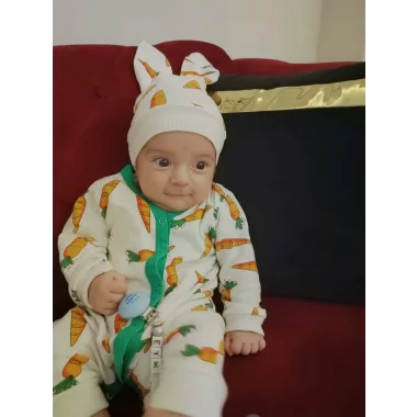 3-6-9-12 Ay Kulaklı Şapkalı Havuç Baskılı Boydan Çıtçıtlı Uzun Kollu Kız Erkek Bebek Tulumu