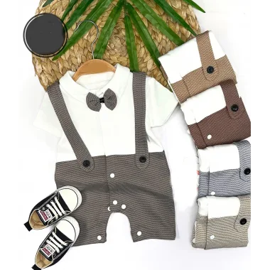 3-6-9-12 Ay Papyon Detaylı Çizgili Salopet Görünümlü Erkek Bebek Tulumu