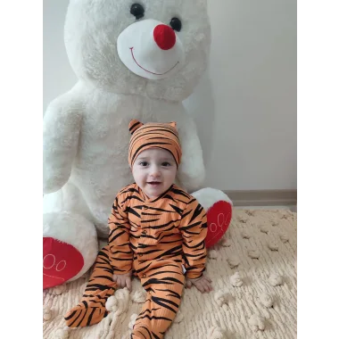 3-6-9-12 Ay Pooh Desenli Zebra Çizgili Şapkalı Sweatli 3lü Kız Erkek Bebek Tulumu(sarı)