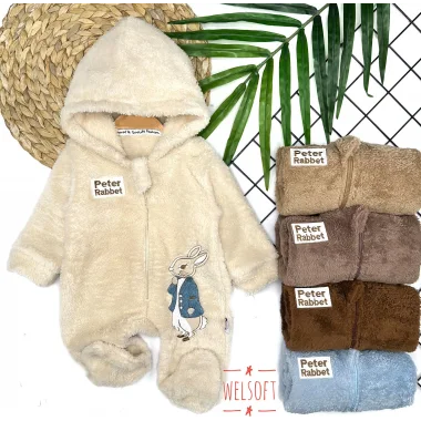 3-6-9-12 Ay Rabbit Tavşan Nakışlı Fermuar Kapamalı Patikli Tüylü Erkek Bebek Tulumu