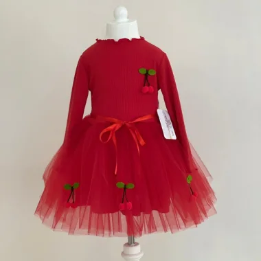 5-6-7 Yaş Kiraz Desenli Kurdela Kuşaklı Astarlı Uzun Kollu Kız Çocuk Tütü Elbise