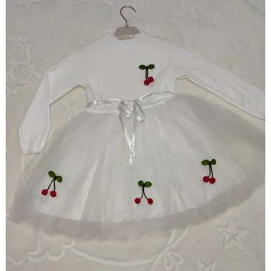 5-6-7 Yaş Kiraz Desenli Kurdela Kuşaklı Astarlı Uzun Kollu Kız Çocuk Tütü Elbise