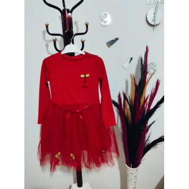 5-6-7 Yaş Kiraz Desenli Kurdela Kuşaklı Astarlı Uzun Kollu Kız Çocuk Tütü Elbise