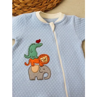 6-9 12-18 18-24 24-36 Ay Animal Nakışlı Bal Peteği Kumaş Es Fermuarlı Erkek Bebek Tulumu