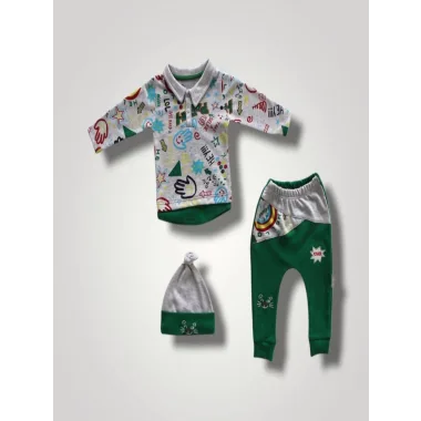 6-9 12-18 18-24 Ay Power Kedi Nakışlı Uzun Kollu Sweat Şapkalı 3lü Kız Erkek Bebek Takımı
