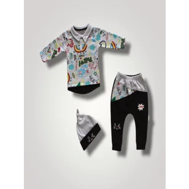 6-9 12-18 18-24 Ay Power Kedi Nakışlı Uzun Kollu Sweat Şapkalı 3lü Kız Erkek Bebek Takımı