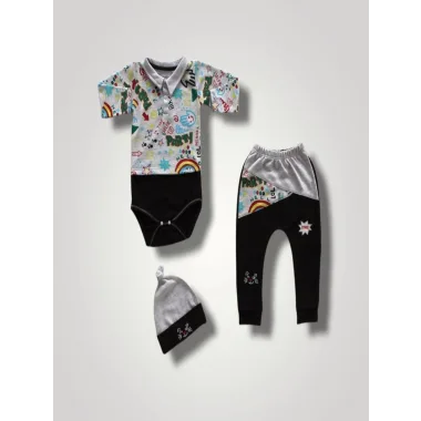 6-9 12-18 18-24 Ay Power Kedi Nakışlı Uzun Kollu Zıbınlı Şapkalı 3lü Kız Erkek Bebek Takımı
